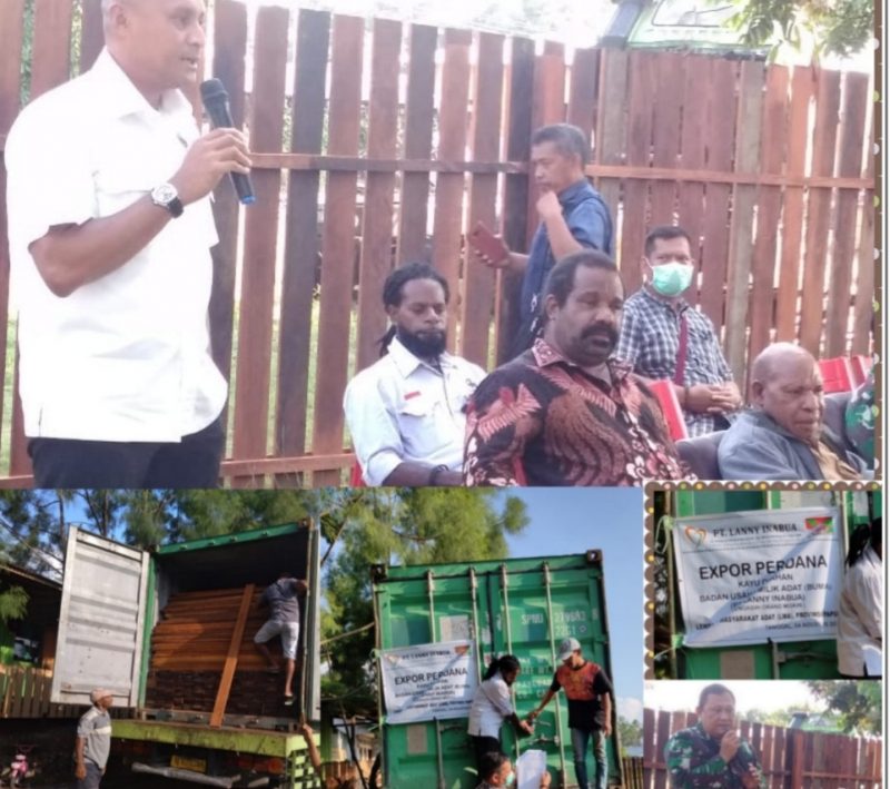 N.B.Ket//Foto : Staf Ahli Utama Kantor Presiden Dr. Lenis Kogoya, Mhum,  Staf Ahli GUbernurt Papua Paskahlis Netep SH, Manager Operasional PT Lanny Inabua Panus Wenda, Kepala BNN  dalam acara ekspor perdana kayu olahan merbau di kampung harapan sentani papua.  