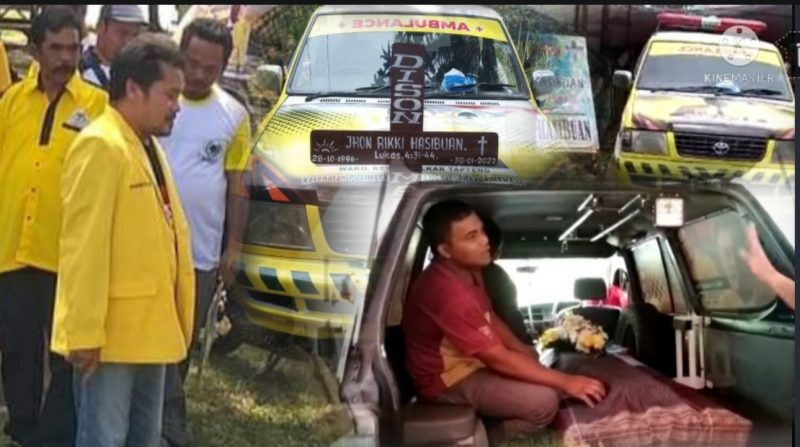 Mobil Ambulance sumbangan Wakil Ketua DPD II Partai Golkar Tapteng, Joneri Sihite membantu mengangkut jenazah ke Pemakaman.